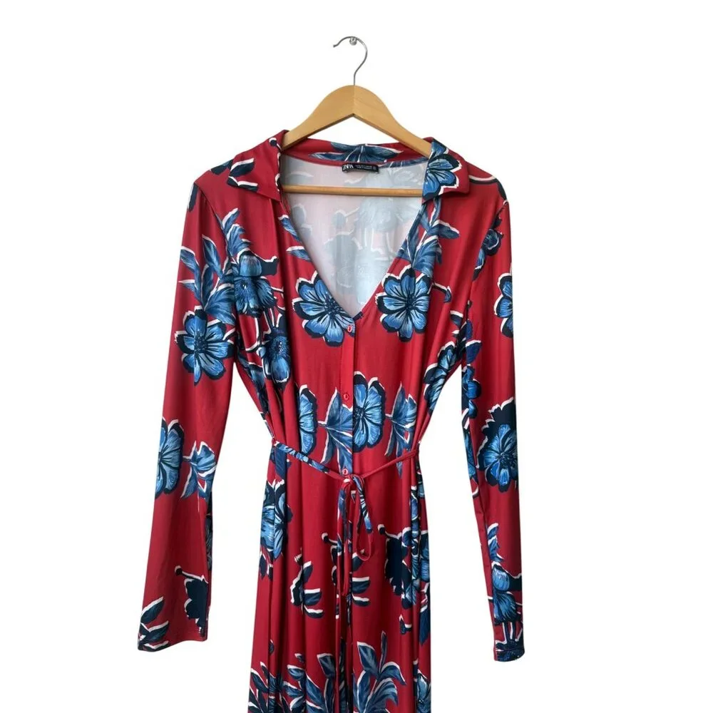 Zara Long Sleeve Shirt Dress Size L Boho Button Down Belted Red Blue Floral Midi - Picture 3 of 12